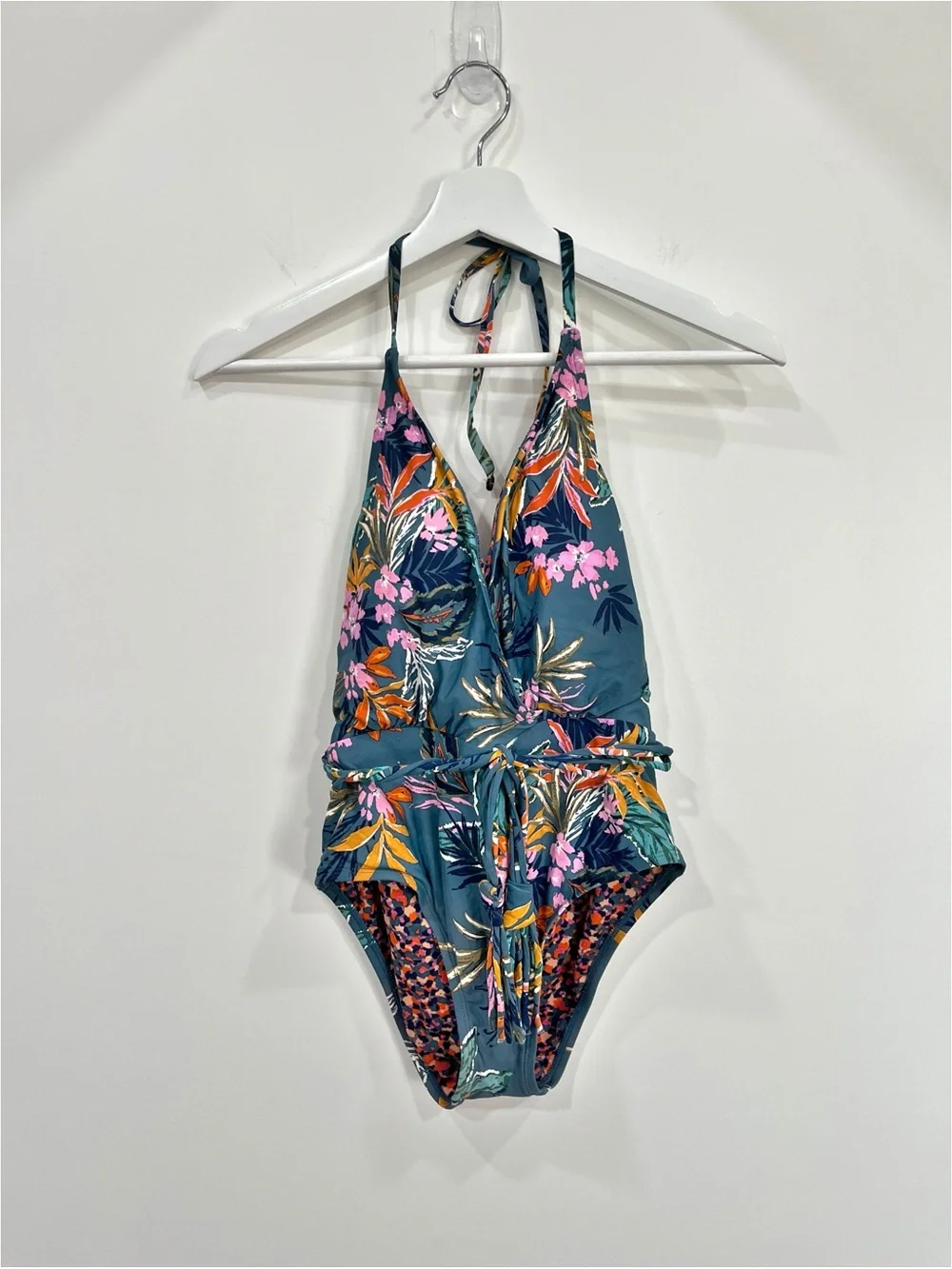Sea Angel Tropical Floral One Piece Swimsuit Small Halter Tie Waist Swimwear